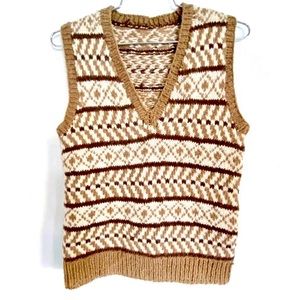 VINTAGE HANDMADE SLEEVELESS KNIT V-NECK SWEATER TOP - NEUTRAL BROWN TAN CREAM